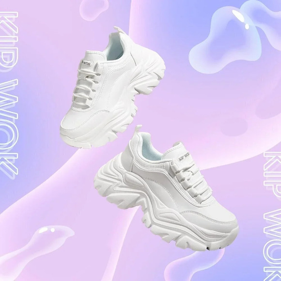 Women White Chunky Platform Dad Black Casual Lace-Up Walking  Sneaker - Picture 2 of 7